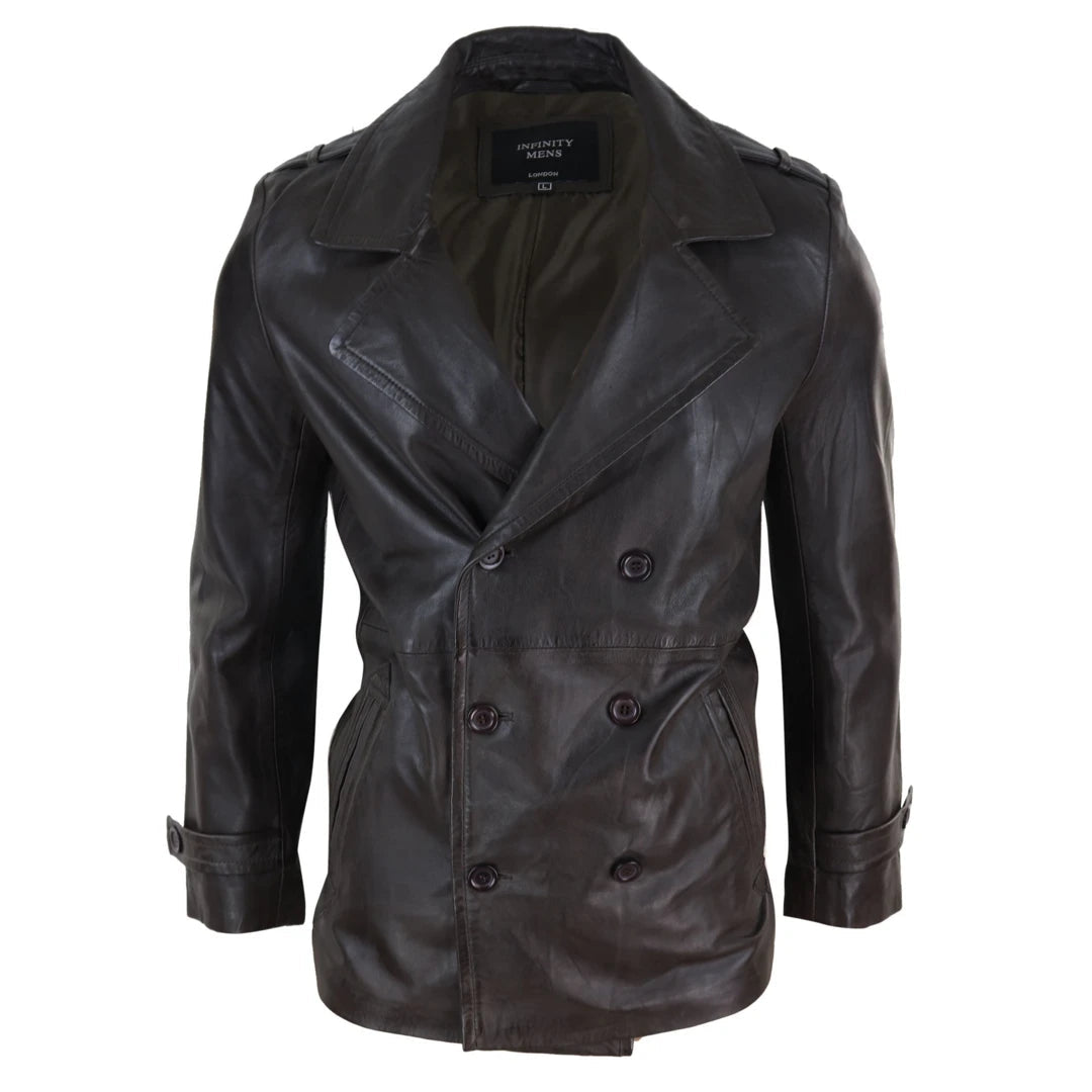 Men's Leather 3/4 Double Breasted Pea Coat Sherlock Brown Sailor Classic