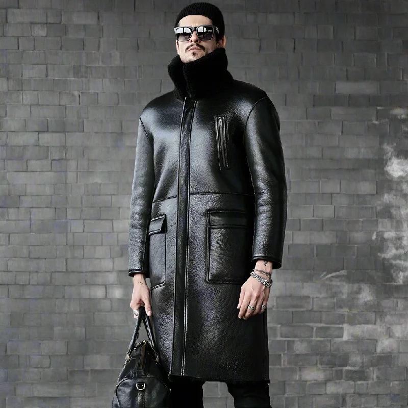 Men's Black Shearling Sheepskin Long Double-faced Fur Winter Coat