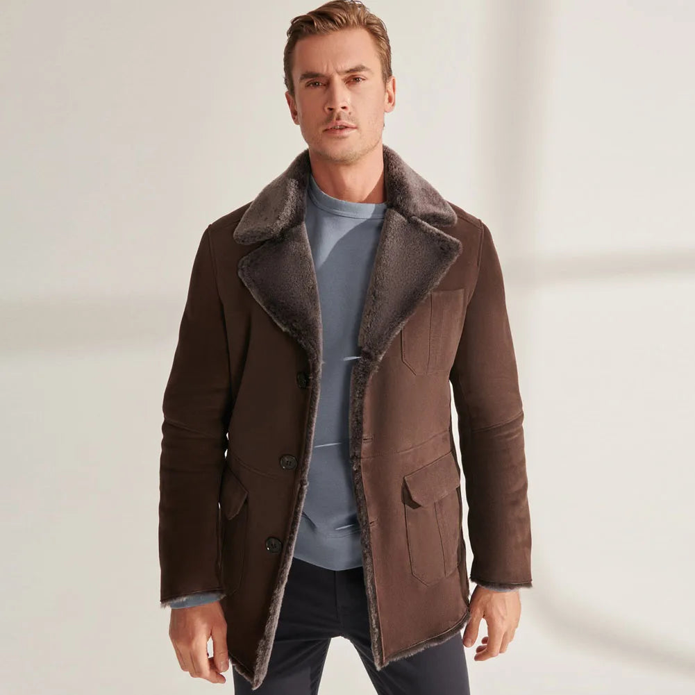 Men's Shearling Sheepskin Mid-length Single Breasted Long Thick Coat