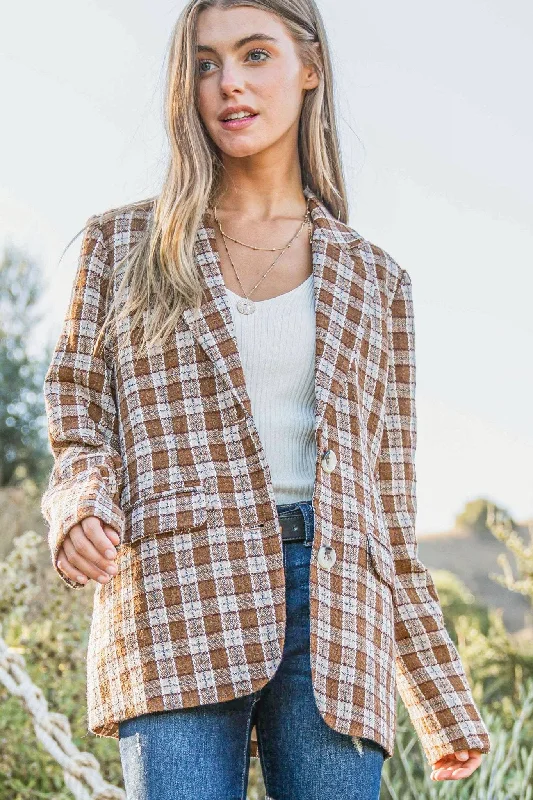 Brown Plaid Pattern Tweed Casual Blazer