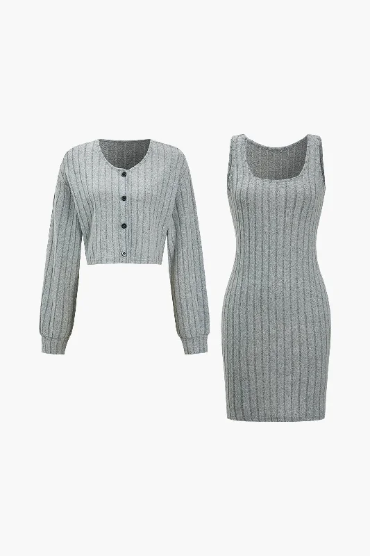 Basic Solid Cardigan And Dress Set