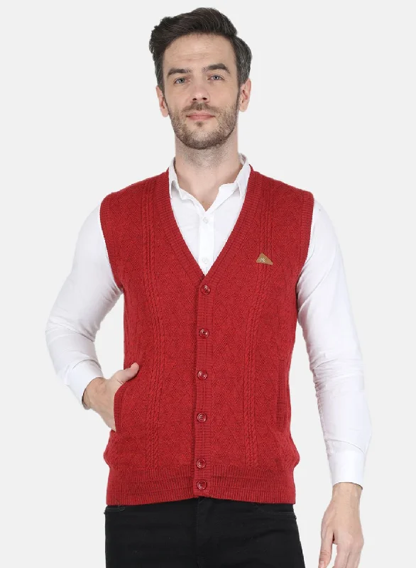 Men Red Self design Cardigan