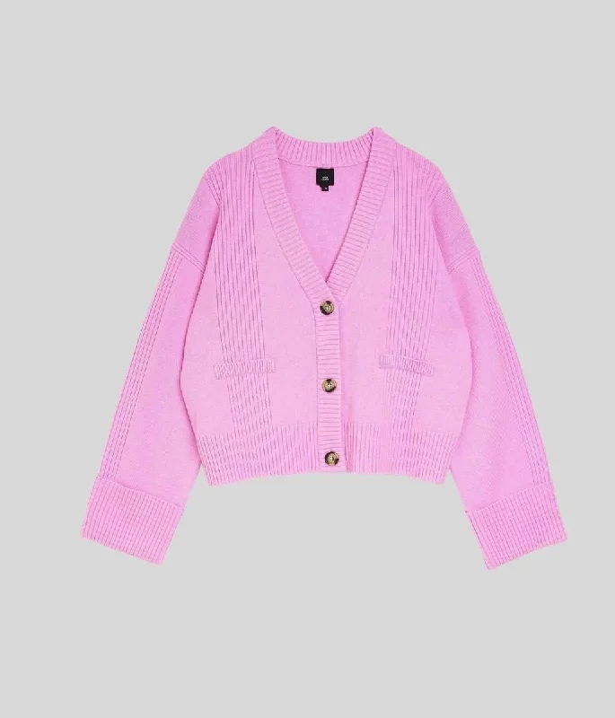 Pink Contrast Ribbed Cardigan